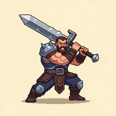 A pixel art illustration of a powerful barbarian warrior with a beard, holding a massive greatsword in a combat stance.