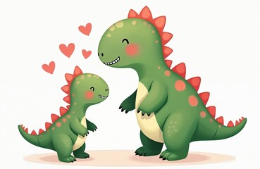 Obraz premium Two cute green cartoon dinosaurs, parent, child, smile at. Share joyful moment with floating hearts. Sweet family shows love, happiness, affection on bright simple white background for kids.