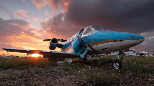A blue and white airplane is sitting on the ground - Powered by Adobe