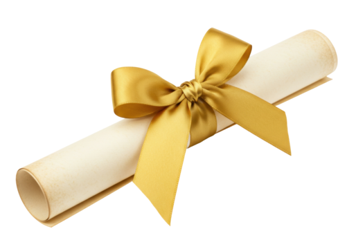 Diploma scroll with golden ribbon isolated on transparent background, graduation certificate for education and academic achievement