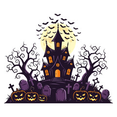 A spooky haunted house on a hill with a full moon, bats, and jack-o'-lanterns in a graveyard.