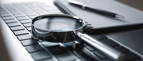 The magnifying glass resting on a laptop keyboard and notepad on a workspace.