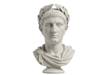 White marble bust of Roman Emperor Augustus isolated, ancient sculpture on transparent background, classical art for history and culture