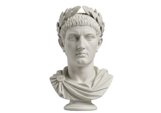 White marble bust of Roman Emperor Augustus isolated, ancient sculpture on transparent background, classical art for history and culture