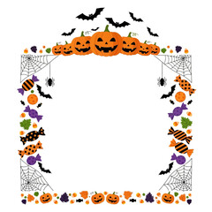 Halloween-themed frame featuring pumpkins, bats, spiders, candy, and cobwebs, perfect for festive decorations.
