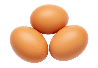 Three brown chicken eggs isolated, fresh organic food ingredient for cooking and baking recipes on a clean background