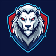 Obraz premium Powerful white lion head mascot logo with shield emblem in a bold modern esports style vector illustration