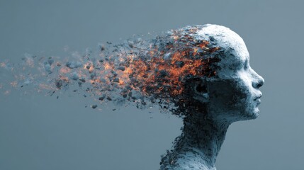 A human-like figure gradually transforms into particles, representing the impact of AI on jobs and society in a futuristic setting.