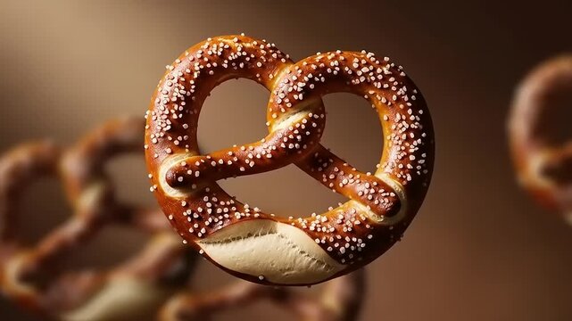 Deliciously baked pretzel with salt sprinkles floating against a warm, blurred background