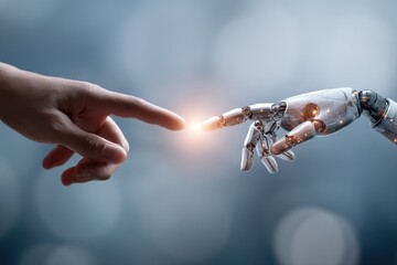 Obraz premium A human hand extends towards a robotic finger, symbolizing the connection between humanity and artificial intelligence in a modern digital world.