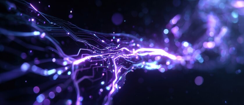 Thin light lines flow across a black screen, showcasing electrified currents in blue and violet. Surrounding microcircuits enhance the tech aesthetic of the scene.
