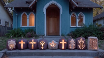 Decorative Halloween Pumpkins with Intricate Designs at Night