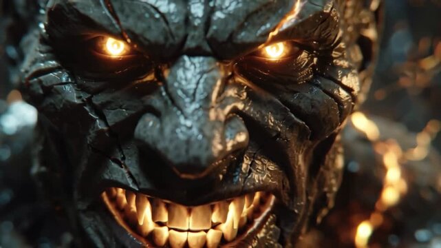 Demon Face Close-Up Scary Monster with Glowing Eyes and Evil Grin