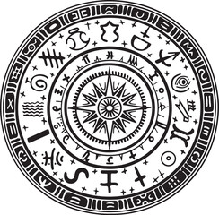 Obraz premium Beautiful Vector Round Ethnic Element featuring intricate circular petroglyph patterns inspired by ancient rock paintings and tribal art