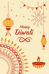 Happy Diwali Background Vector with Diyas and Festive Lights