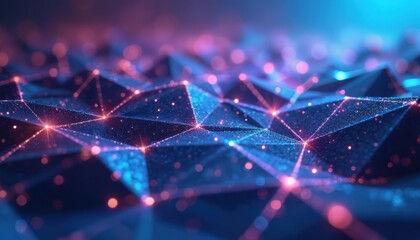 Abstract tech photo. Digital network connections with bright dots. Neon glowing lines and dots create a futuristic background. Tech grid illustration ideal for creative projects.