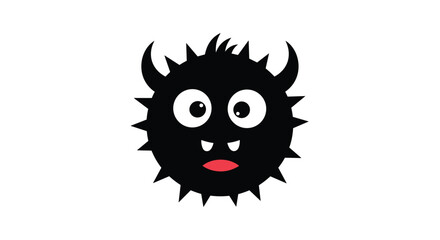 A cute and funny black monster with big eyes and small horns is smiling widely.