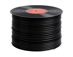 Stack of Vintage Vinyl Records with Red Label on Top in View