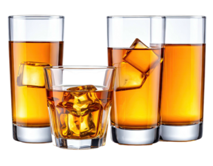 Assortment of amber colored alcoholic beverages served with ice cubes in clear glasses.