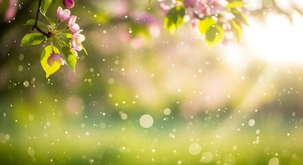 Pink blossoms with sunlight filtering through the trees