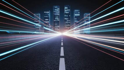 Experience the Dynamic Energy of a Modern Cityscape at Night with Vibrant Light Streaks and Sleek Architectural Design for a Futuristic Business Vibe