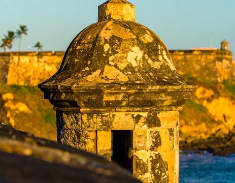 Weathered stone sentry tower, golden hour light, coastal fortress backdrop