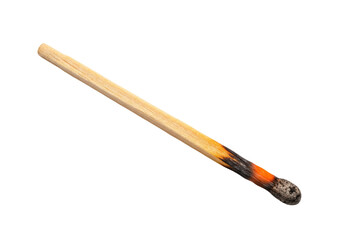 Burnt matchstick isolated on transparent background, used match with charred wood and ash for fire safety and caution