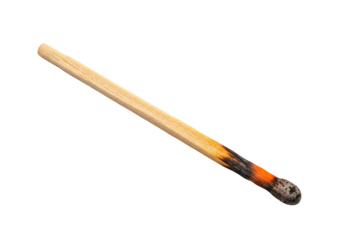 Burnt matchstick isolated on transparent background, used match with charred wood and ash for fire safety and caution