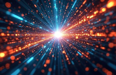 Abstract tech image with bright central light surrounded by lines dots. Digital space concept, futuristic data flow. Cyber security, network, internet communication representation