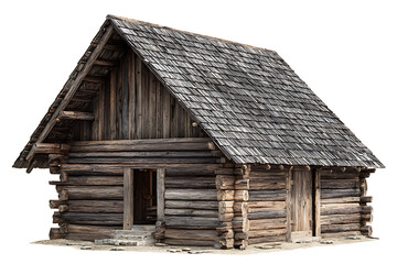 Naklejka premium Rustic old log cabin with a steep wooden shingle roof, isolated on a transparent background.
