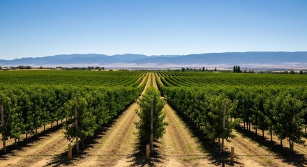 Fototapeta premium Symmetrical Rows of a Lush Orchard Against Mountain Backdrop Scenery