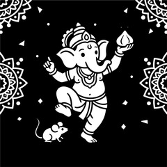 Dancing Ganesha with crown, modak, and raised finger, accompanied by a mouse. A festive, stylized line art celebrating joy, wisdom, and divine energy with mandala accents and playful motion