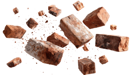 Floating Bricks and Small Pieces of Bricks isolated on transparent background Remove png, Clipping Path, pen tool
