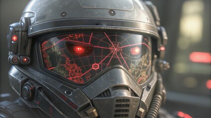 Fototapeta premium ww3 robot soldiers Futuristic helmet with intricate design and glowing red accents, showcasing a sci-fi aesthetic.