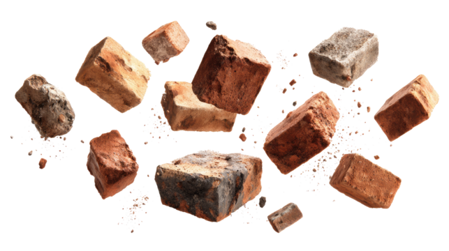 Floating Bricks and Small Pieces of Bricks isolated on transparent background Remove png, Clipping Path, pen tool