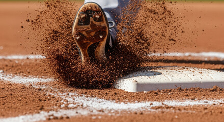 Baseball player sliding into home plate and kicking up dirt.