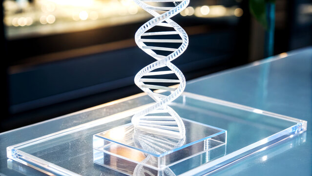 Scientific Study on DNA Structure in a Modern Laboratory Setting Displaying a 3D Model of DNA Helix High-Tech Environment Close-Up Viewpoint Exploring Genetic Research Concepts