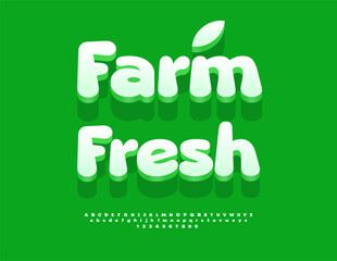 Vector Green logo Farm Fresh. Artistic White 3D Font. Trendy Rounded Alphabet Letters and Numbers set.