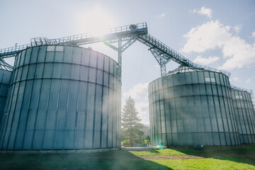 Large metallic silos connected by an elevated conveyor system. A tree stands between the silos, with grass on the ground and a clear sky above. © True Pixel Art