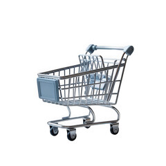 A small metal shopping cart isolated on a transparent background used for retail marketing and e-commerce business concepts and promotions.