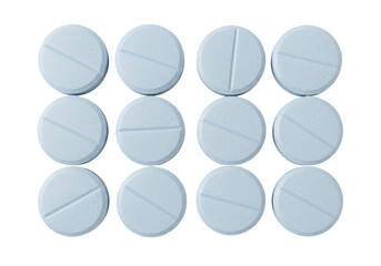 Light blue round pills isolated on transparent background, pharmaceutical medication for healthcare and medical treatment