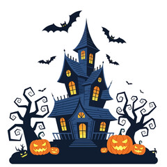A spooky haunted house with jack-o'-lanterns and bats for Halloween.