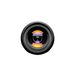 Professional camera lens with glowing aperture isolated on a black background for photography equipment or media visual concepts.