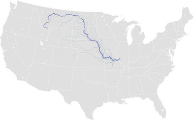 Obraz premium Missouri river system – rivers vector map of United States highlighting main stem and primary tributaries (AEA projection, scaled by river size, PPT-compatible, multi-layered & fully editable)