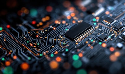 This digital electrical schematic reveals a complex layout of circuitry, highlighted by glowing data points that suggest activity and connectivity within a tech environment.
