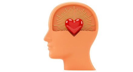 Human head with heart inside isolated on transparent background, love and mental health concept in 3D rendering PNG
