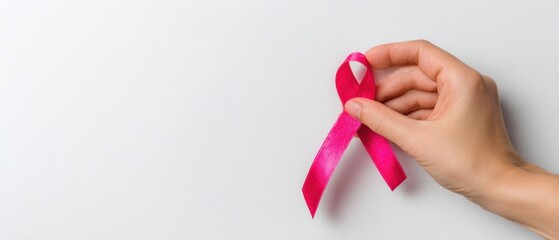 The hand holding a pink ribbon symbolizes awareness and support for breast cancer.