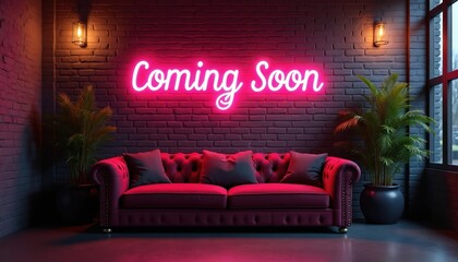A dimly lit room with a brick wall features a bright pink neon sign that reads Coming Soon. A plush red sofa sits below, flanked by potted plants, creating a lounge atmosphere for events or launches.
