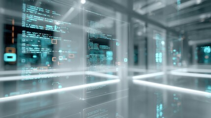 Holograms of programming symbols and AI icons float in a bright digital environment, surrounded by glowing lines of code and soft neon lights in a high-tech space.