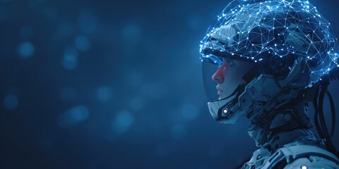 A futuristic investigation helmet equipped with threat assessment algorithms analyzes surroundings. The background is dark blue, highlighting its advanced technology and design.